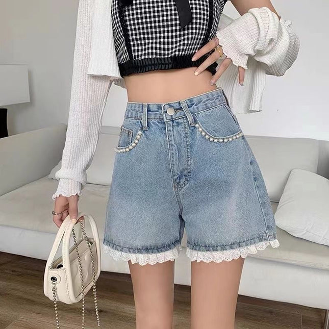 Designed Lace High-Waisted Denim Shorts for Women, Summer Thin Hot Pants, Loose Wide-Leg Pants, Summer Hot Pants