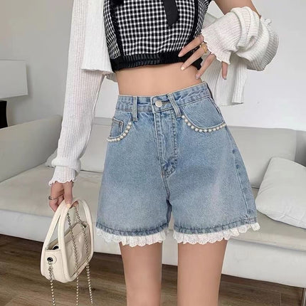 Designed Lace High-Waisted Denim Shorts for Women, Summer Thin Hot Pants, Loose Wide-Leg Pants, Summer Hot Pants