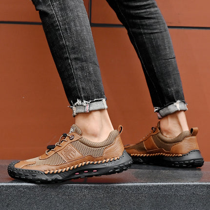 Casual Shoes Men's 2025 New Mesh Breathable sneaker Soft Sole Fashionable Slip-on Hand-stitched Leather Shoes plus size