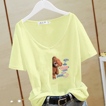 V-neck T-shirt Women's Cotton 2025 White Cartoon Short-sleeved regular Loose Printed Commuting Solid Color Base Shirt Trendy