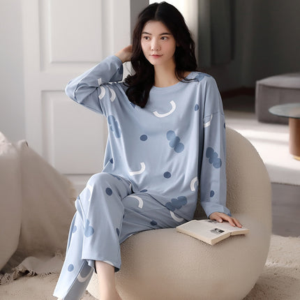 Spring and Autumn Imitation Cotton Pajamas Women's Long-sleeved suit Summer Round Neck Less Women's Home Clothes Cute Cartoon Outer Wear