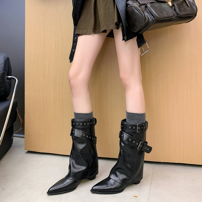 New Style Knee-High Riding Boots American Style Spicy Girl Belt Buckle Boot Short Boots Women's Boots Western Boots Women's Short Boots