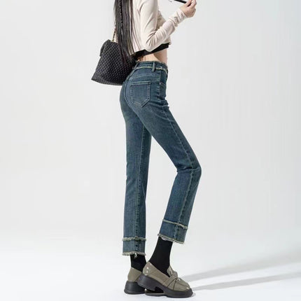 Vintage High Waist Jeans Women's 2024 Summer New Design Sense Rough Edge Slimming Loose Cropped Straight Pipe Pants