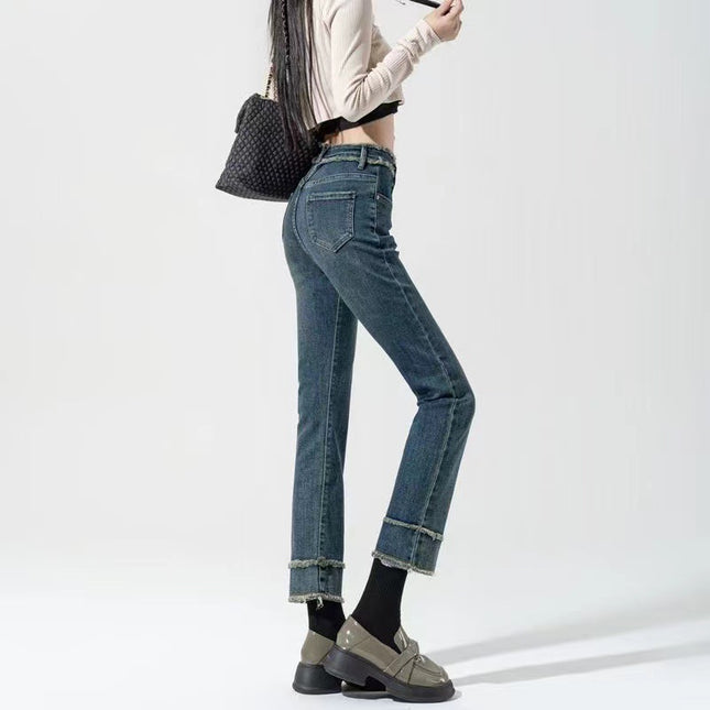 Vintage High Waist Jeans Women's 2024 Summer New Design Sense Rough Edge Slimming Loose Cropped Straight Pipe Pants