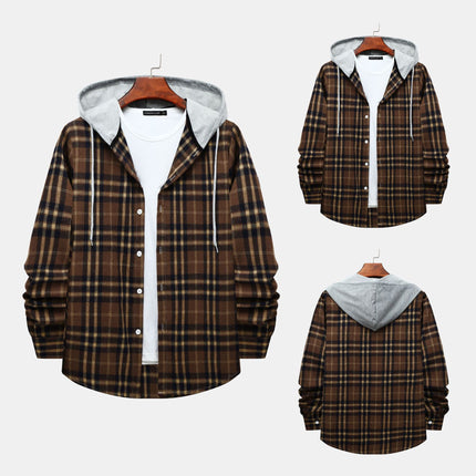 Cross-border Hooded Plaid Shirt Men's 2024 Foreign Trade Autumn Harajuku Style Plaid Hooded Shirt Men's Hong Kong Style Casual Shirt