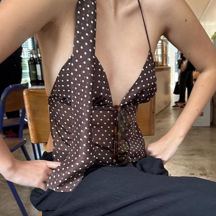 2024 Winter New French Style Elegant Strap Deep V Open Chest Lace Large Open Back Contrast Color Dot Design Small Sling