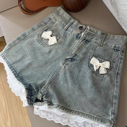 Sweet Hot Girl Lace Spliced Denim Shorts Women's Summer New High Waist Slimming Anti-Exposure Wide Leg Hot Pants