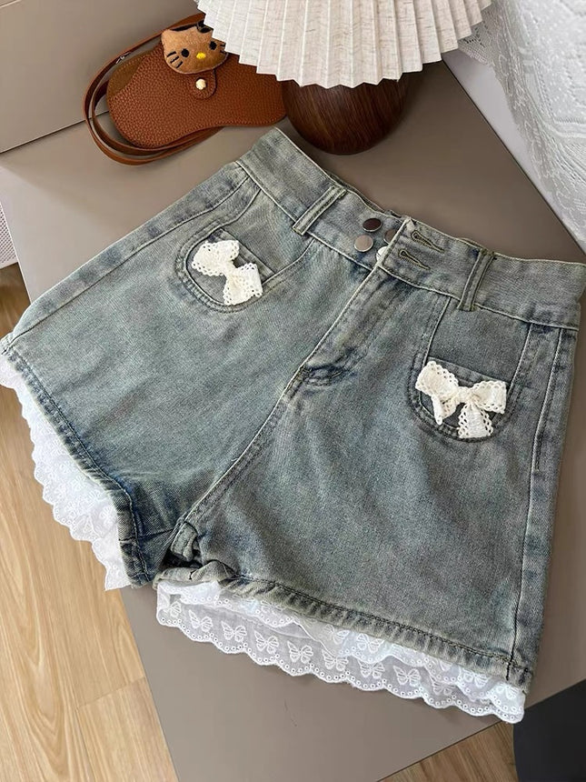 Sweet Hot Girl Lace Spliced Denim Shorts Women's Summer New High Waist Slimming Anti-Exposure Wide Leg Hot Pants