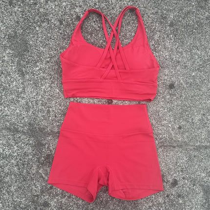 Women's Soft Nude Tight Yoga Shorts with Cut Out Back and Beautiful Back Cross Intimates Gym Yoga Set
