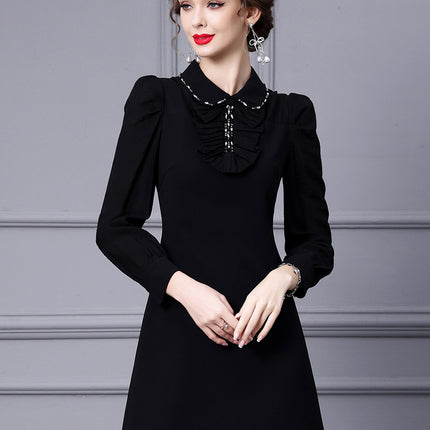 Elegant and Sophisticated Dress with a Doll Collar, French Style, Black, New Spring 2026 Collection, A-Line Midi Dress