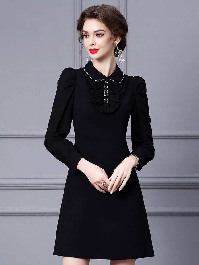 Elegant and Sophisticated Dress with a Doll Collar, French Style, Black, New Spring 2026 Collection, A-Line Midi Dress
