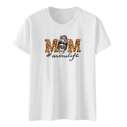 Amazon momlife Skull Leopard Print Sunglasses Mother's Day Gift Letter Print Casual Short Sleeve T-Shirt Women