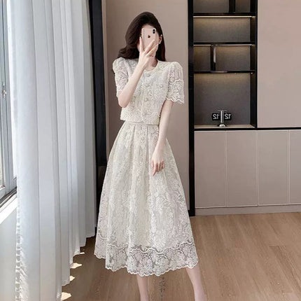 Cross-border new high-level socialite xiaoxiang style nail beads water-soluble lace short top high waist large swing skirt suit