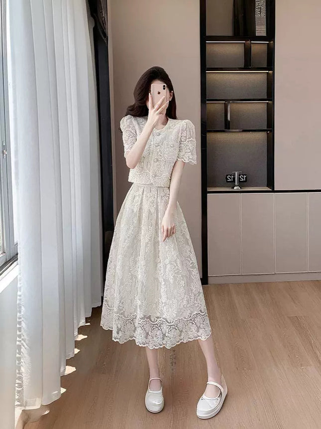 Cross-border new high-level socialite xiaoxiang style nail beads water-soluble lace short top high waist large swing skirt suit