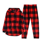 Red and black plaid hooded set / M