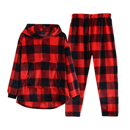 Autumn and winter plaid flannel pajamas set padded warm coral Plaid men's and women's home clothes wholesale