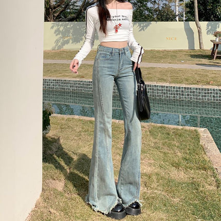 Vintage light blue-Edge Micro-Lar Jeans Women's 2025 Spring New Design High Waist Slim-Fit Slimming Horseshoe Pants