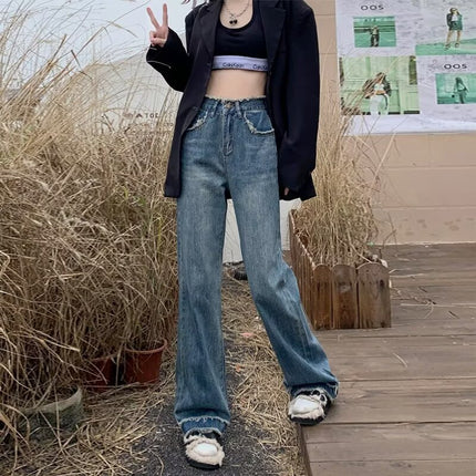Retro Hong Kong Style Jeans Women's Design Niche Furry Straight Pants New High Waist Slim Floor Mopping Pants Autum