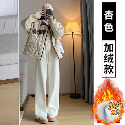2023 fleece-lined new corduroy narrow wide-leg pants women's autumn and winter high waist slimming casual pants loose straight pants