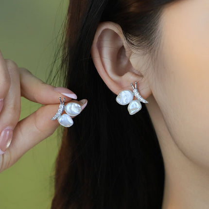 Natural Pearl Butterfly Zircon Sterling Silver Earrings High-End Baroque S925 Silver Simple Handmade Earrings Jewelry