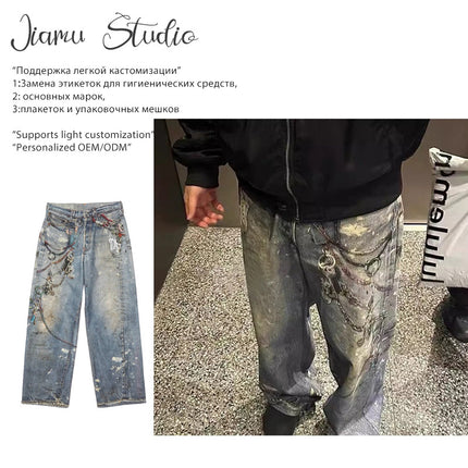 JIAMU Autumn and Winter AC Home Cut Digital Printed Jeans Men's Baggy Loose Straight Tube Personality in All-match Fashion Brand