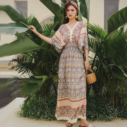 Cross-border ethnic style V-neck cotton silk short-sleeved beach skirt Thailand travel dress summer printed holiday floral skirt