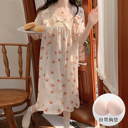2024 Summer New Style Pajamas with Chest Pad Women's Bubble Cotton Short-Sleeved Nightgown Home Wear Sweet and Cute Outer Wear