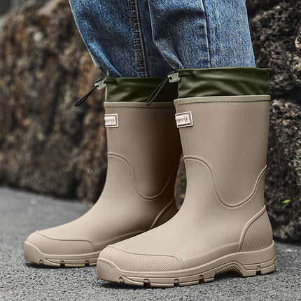 Korean-Style Couple's Mid-Calf Rain Boots with Drawstring, Waterproof Rain Shoes for Outdoor Activities, Thick-Soled Water Shoes, Non-Slip Kitchen Thick-Soled Rubber Shoes