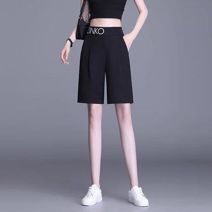 Casual Suit Shorts for Women, Autumn Thin Straight-Leg Knee-Length Shorts, 2025 New Large Size High-Waisted Wide-Leg Casual Mid-Length Shorts