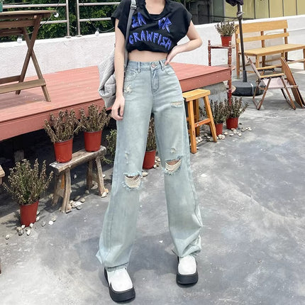 2024 New High Waist Slimming Straight Ripped Jeans Women's Summer Thin plus size Small Wide Leg Trendy Pants