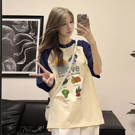 Summer Pure Cotton Plus Size Loose Raglan Short-Sleeve T-Shirt for Women, Korean Style Slimming Printed Hong Kong Style Half-Sleeve Top