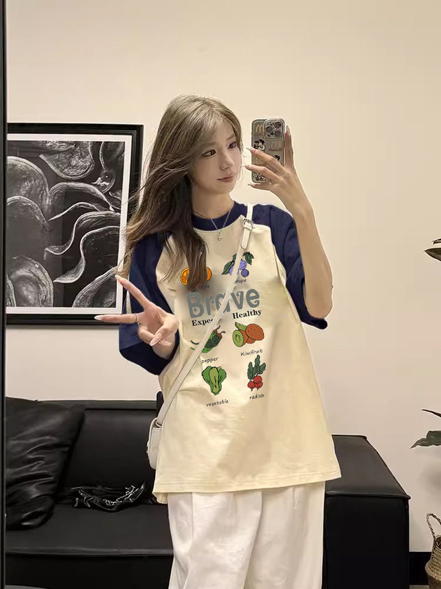 Summer Pure Cotton Plus Size Loose Raglan Short-Sleeve T-Shirt for Women, Korean Style Slimming Printed Hong Kong Style Half-Sleeve Top