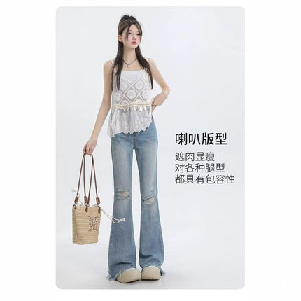 Light Blue Ripped Jeans for Women, Summer New Style, Tall 175cm, Slimming High-Waisted Fringed Extended Flared Pants