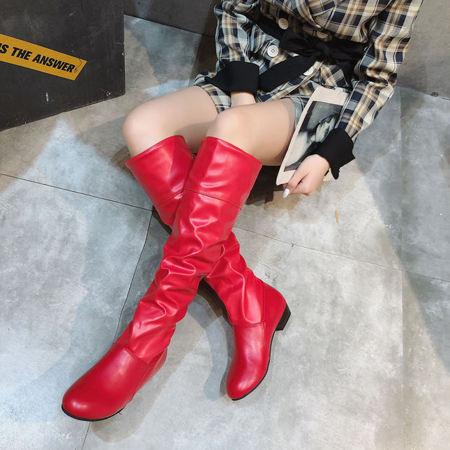 Cross-border foreign trade women's boots autumn and winter Europe and the United States solid color pleated high barrel thick heel round head back lace-up Knight Boots Boots in stock