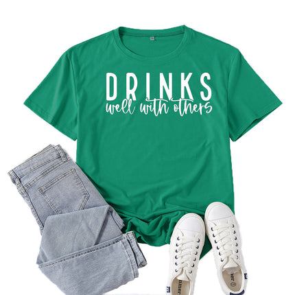 Amazon Supply Drinks Well with Others Printed Short-Sleeved Women's Casual Summer Casual
