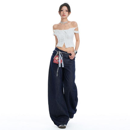 Spring 2025 New Arrival Ear-rimmed Double Waist American Style Spice Scimitar Pants Design Washed Slim Look Jeans Women