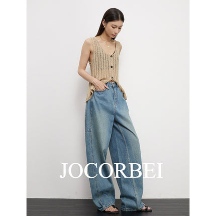 Jocorbei [Arc Cocoon-Shaped Jeans] High-Waisted Deconstructed Banana Pants, Loose Retro Blue Jeans Pants