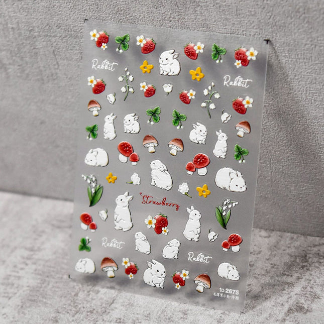Popular Furry Rabbit Mushroom Strawberry Nail Art Stickers Tomoni Embossed Thin Tough Nail Stickers Nail Art Accessories