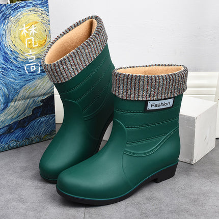 New fashion rain boots Women's Mid-calf warm rain boots non-slip water shoes work rubber shoes adult cotton-padded water boots overshoes