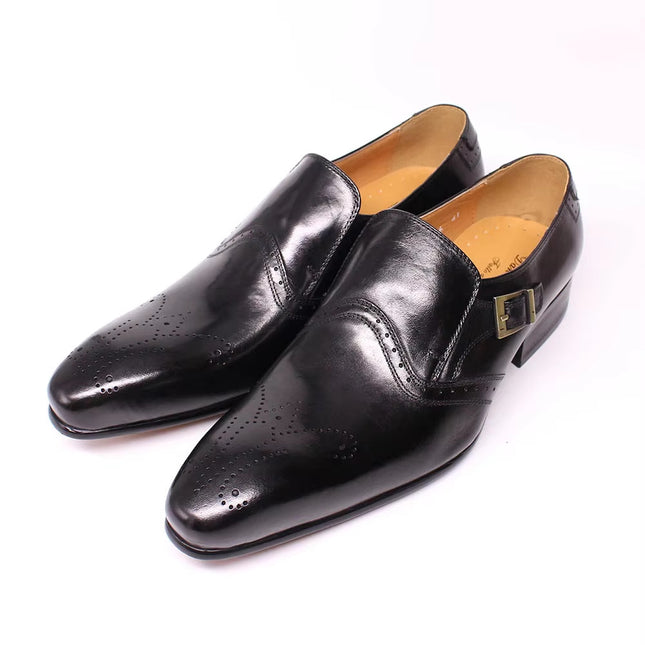 Loafers Men's Low-Cut Buckle Carved Leather Shoes Men's Pointed Toe European and American Trendyy Slip-On Men's Shoes Shoes Men