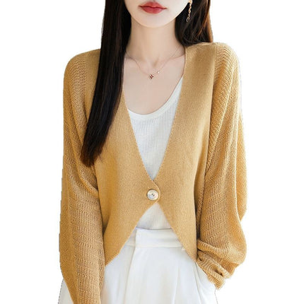 Loose, Lazy, Breathable, Cut Out Linen Cardigan, Spring and Summer New Classic Pure Color Women's V Neck One-Button Blouse