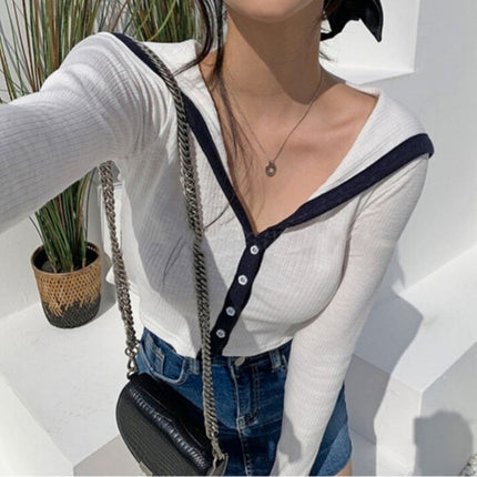 South Korea Spring and Summer New Elegant All-match Color Matching Navy Collar Short Figure Styliky All-match Long-sleeved T-shirt for Women