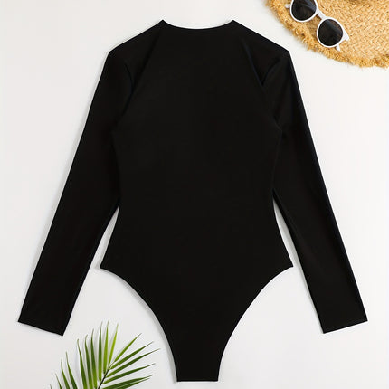European and American New Cross-Border Sexy One-Piece Hot Spring Surfing Diving Zipper Long-Sleeved Belly-Covering Slimming Printed Swimsuit for Women