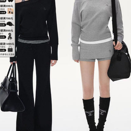 ANDYET Original Slant Shoulder Bat Sleeve Long-sleeved T-shirt Women's Fashion Sweatpants suit Lazy Elegant Two-piece Set