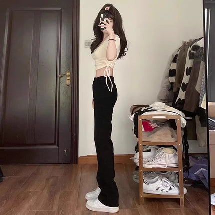 Black High Waist Straight Jeans Women's Trendy All-match New Slim-fit Slimming Smoke Pipe Stack Narrow Wide-leg Trousers