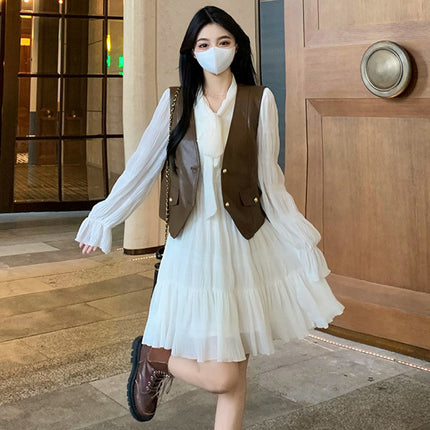 plus size chubby girl autumn new waist slimming French sweet long sleeve dress women's leather jacket two-piece set