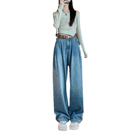 Narrow Wide-Leg Jeans for Women, High-Waisted, Popular in Spring 2026, Pleated Design, Loose, Slimming, Straight-Leg, Floor-Length Pants
