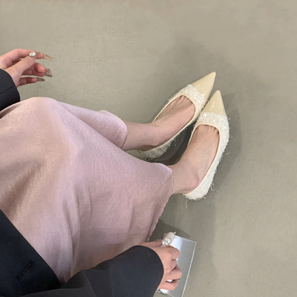 French Lady Style Evening Shoes with Skirts 2025 Spring and Summer New Style Small Fragrant Style Single Shoes Leather Splicing Women's Shoes