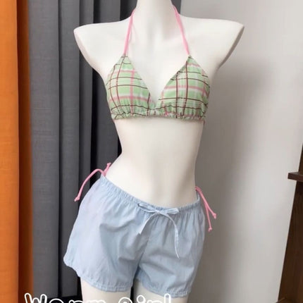 Source Manufacturer Island Vacation Dopamine Green Bikini Three-Point Strap Small Breast Sweet Sexy Swimsuit Fresh