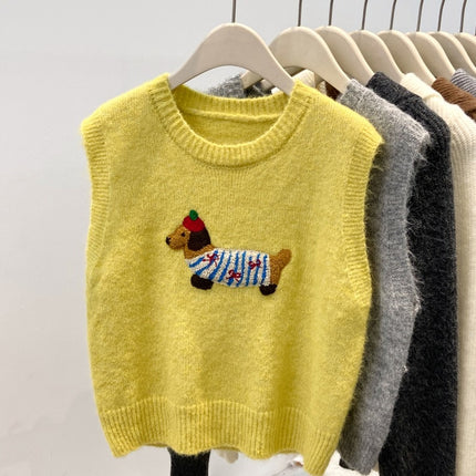 Cartoon Dachshund Dog Embroidered Knitted Vest for Women 2026 Spring New Style Layered Fashionable Soft Sleeveless Sweater